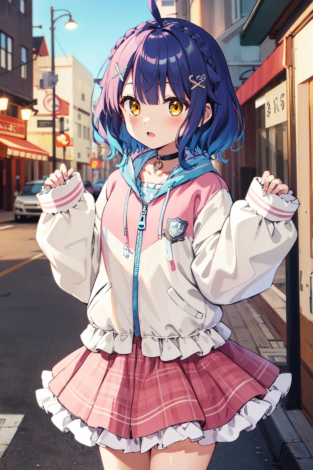 masterpiece, best quality, highres, ddmya, short hair, ahoge, braid, multicolored hair, x hair ornament, heart hair ornament, choker, white jacket, long sleeves, sleeves past wrists, plaid skirt, pink skirt, <lora:amamiya_kokoro_v1:0.7>, standing, cowboy cowboy shot, street,