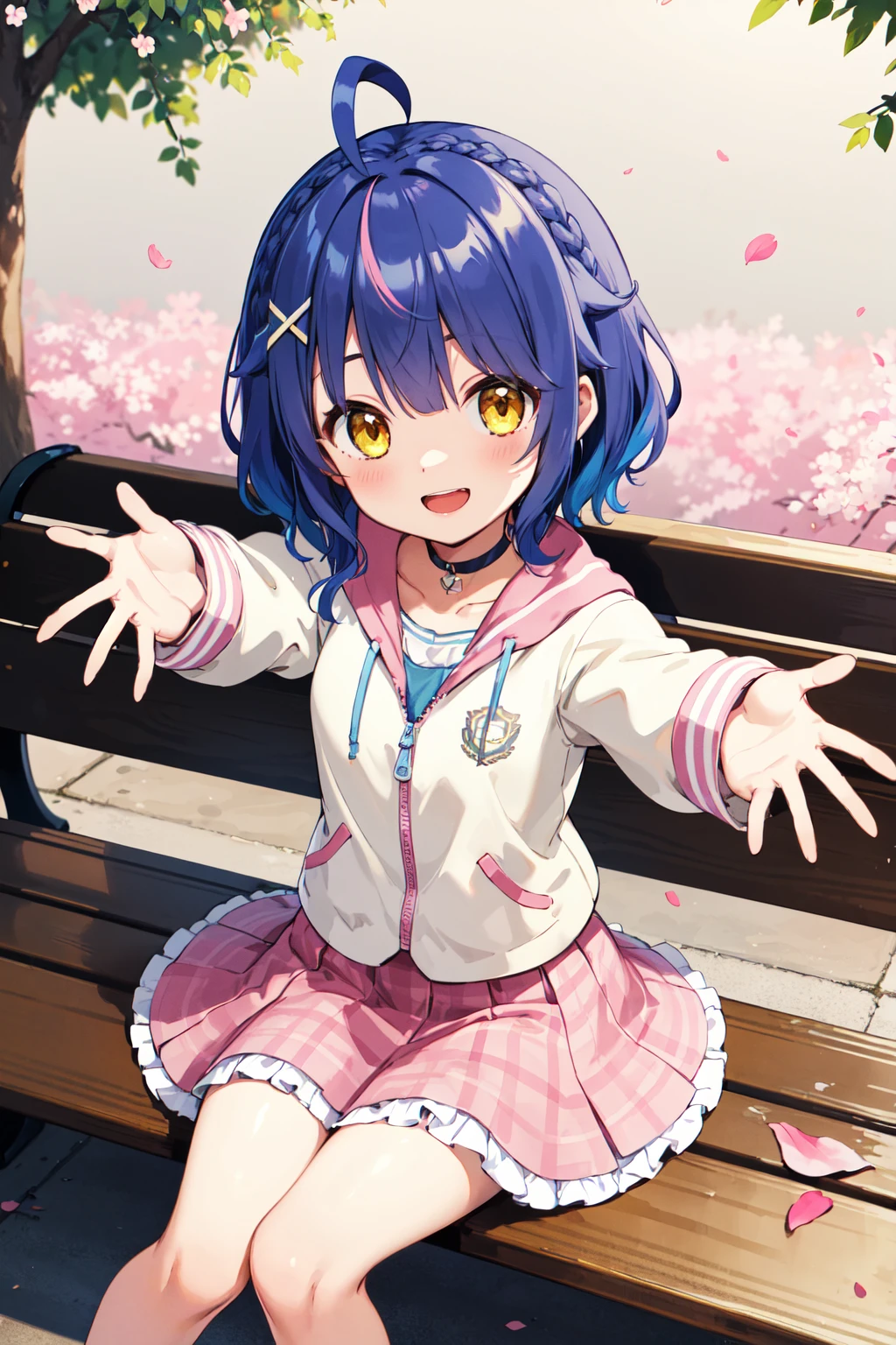 masterpiece, best quality, highres, ddmya, short hair, ahoge, braid, multicolored hair, x hair ornament, heart hair ornament, choker, white jacket, long sleeves, sleeves past wrists, plaid skirt, pink skirt, <lora:amamiya_kokoro_v1:0.7>, outstretched arms, sitting, bench, outdoors, petals, smile, open mouth,