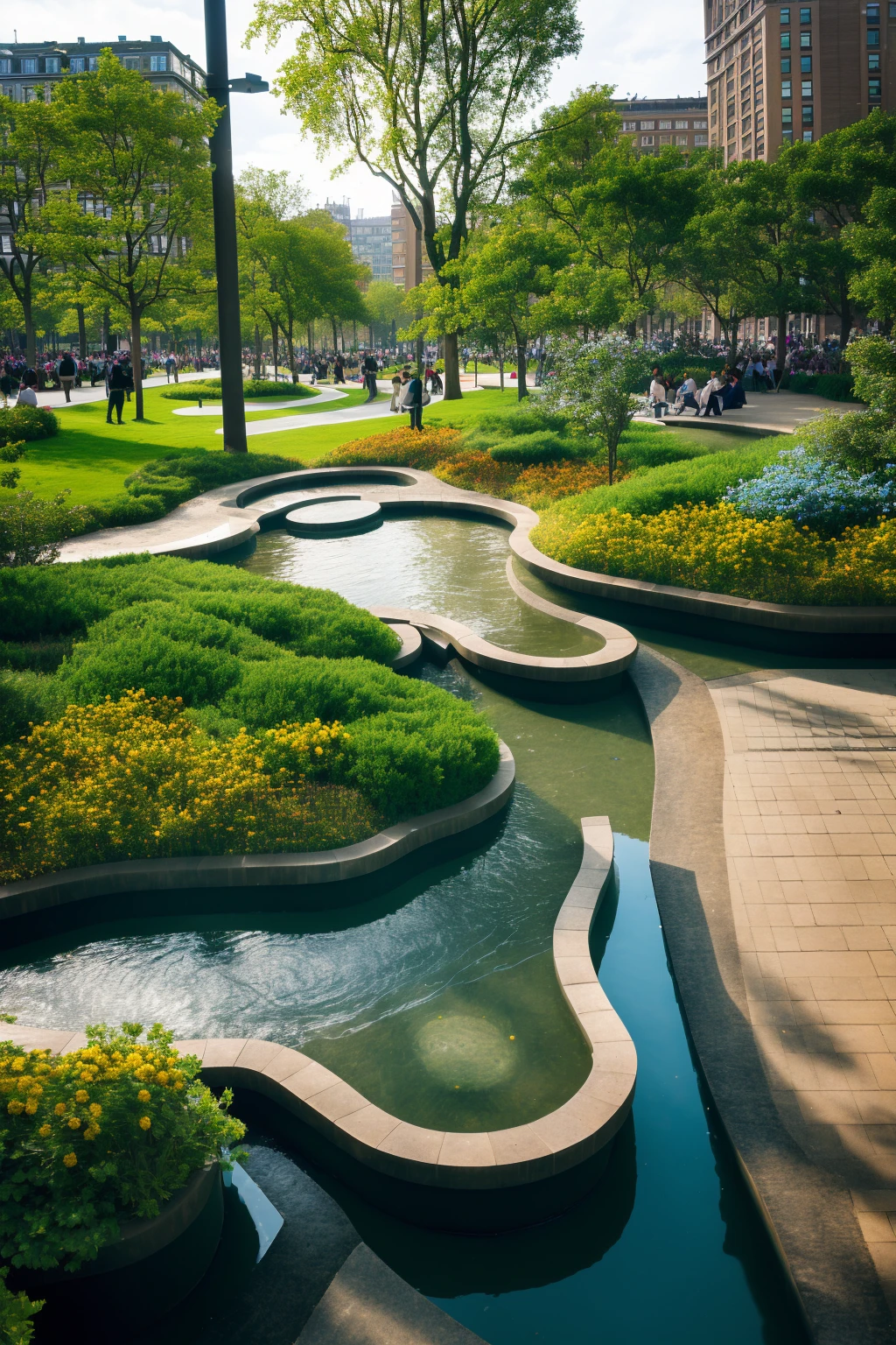 <lora:JJsLandscapeDesign:.8>, masterpiece, best quality,Landscape, scenery, outdoors, park, paving ,bench, building, tree, sky, real world location, day, grass, bush, flower, city, fountain,