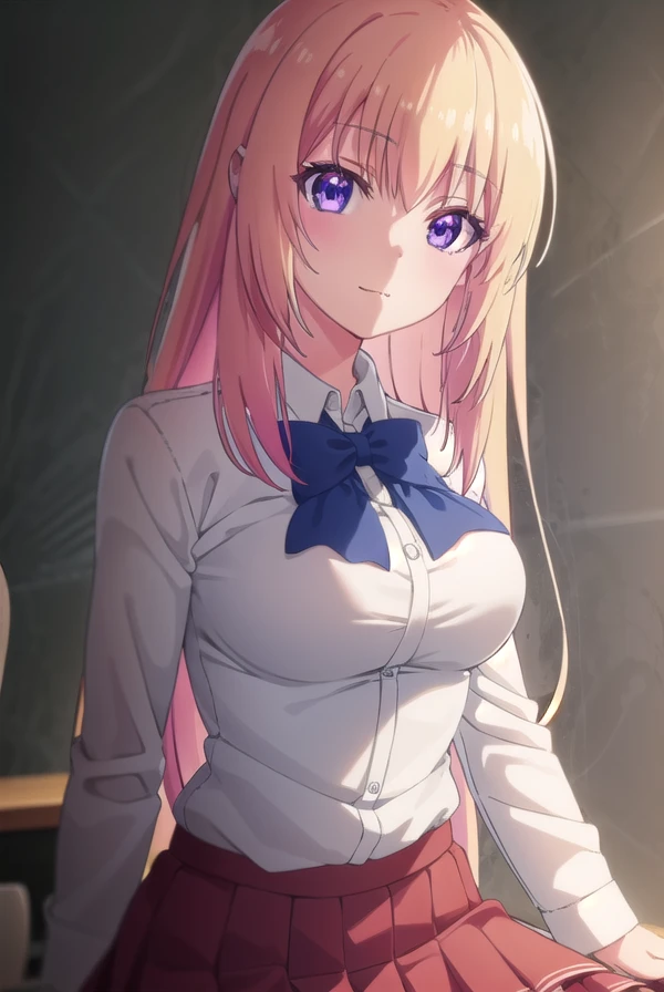 honamiichinose, <lora:honami ichinose s2-lora-nochekaiser:1>,
honami ichinose, long hair, blonde hair, (purple eyes:1.1), hair between eyes, smile,
BREAK skirt, bow, school uniform, pleated skirt, bowtie, blue bow, red skirt, collared shirt, white shirt, short sleeves,
BREAK indoors, classroom,
BREAK looking at viewer, (cowboy shot:1.5),
BREAK <lyco:GoodHands-beta2:1>, (masterpiece:1.2), best quality, high resolution, unity 8k wallpaper, (illustration:0.8), (beautiful detailed eyes:1.6), extremely detailed face, perfect lighting, extremely detailed CG, (perfect hands, perfect anatomy),