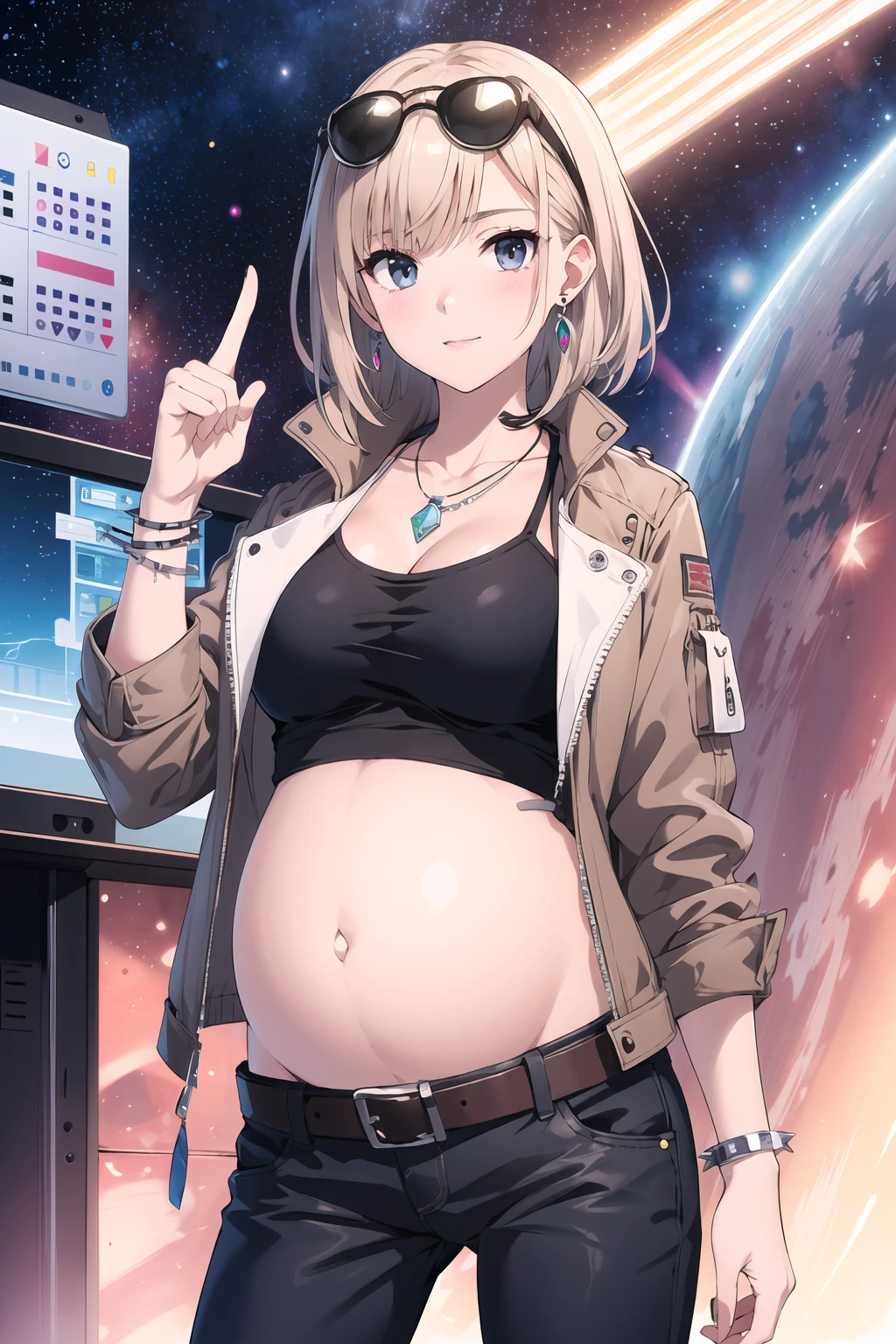 1girl, solo, mature female, large breasts, shirt, jacket, leather jacket, open jacket, pants, belt, eyewear on head, jewelry, gem, earrings, necklace, bracelet, spiked bracelet, collarbone, <lora:pregnant_belly1.5:1> , pregnant, midriff, stomach, crop top, navel,, (masterpiece,best quality,official art, extremely detailed CG unity 8k wallpaper:1.2), nice hands, good hands, <lora:GoodHands-beta2:1>, absurdres, official art, game cg, incredibly absurdres, beautiful_girl, high quality, best quality,, Proud Stance, Space Station, Freezing Temperatures, Fingers Spread Pose,