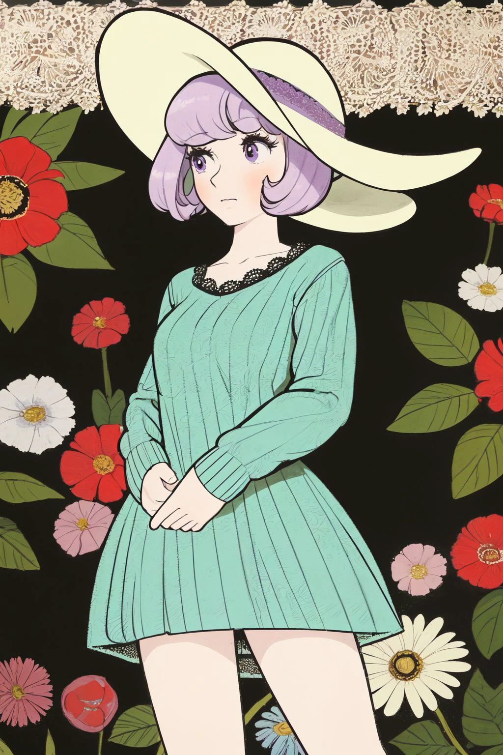cowboy shot, solo, 1girl, looking down, light purple sweater dress, dim light, Queen_Anne's_Lace \(flower\), floral background <lora:Osamu_Tezuka_style_v01:1>