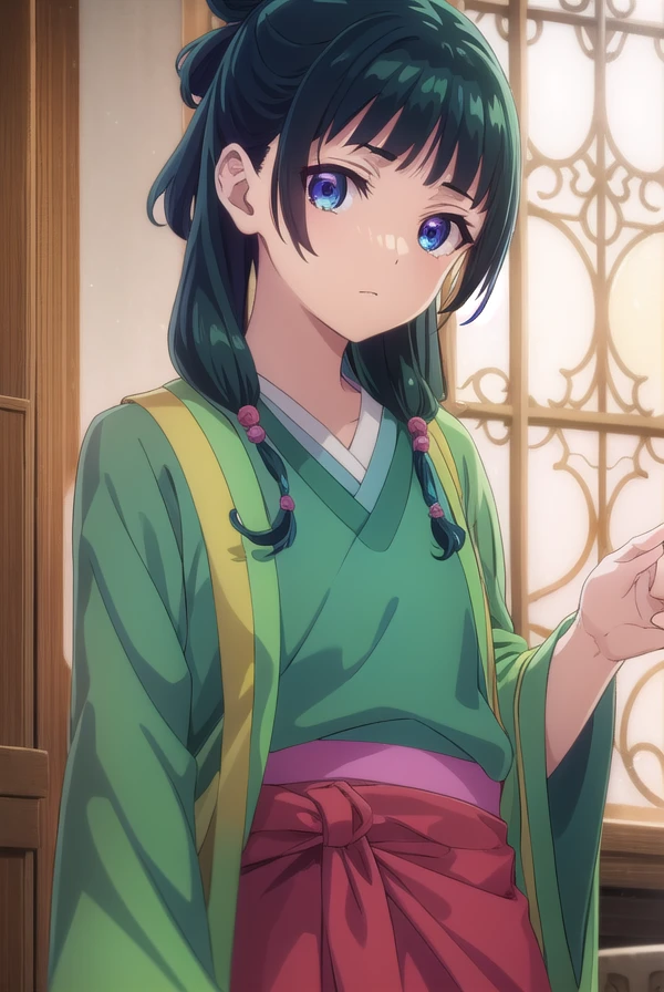 kusuriyamaomao, <lora:kusuriya maomao s1-lora-nochekaiser:1>,
maomao, long hair, bangs, blue eyes, hair ornament, green hair, blunt bangs, freckles, hair bun, single hair bun,
BREAK japanese clothes, robe, green robe, long sleeves, wide sleeves, skirt, red skirt,
BREAK indoors,
BREAK looking at viewer, (cowboy shot:1.5),
BREAK <lyco:GoodHands-beta2:1>, (masterpiece:1.2), best quality, high resolution, unity 8k wallpaper, (illustration:0.8), (beautiful detailed eyes:1.6), extremely detailed face, perfect lighting, extremely detailed CG, (perfect hands, perfect anatomy),