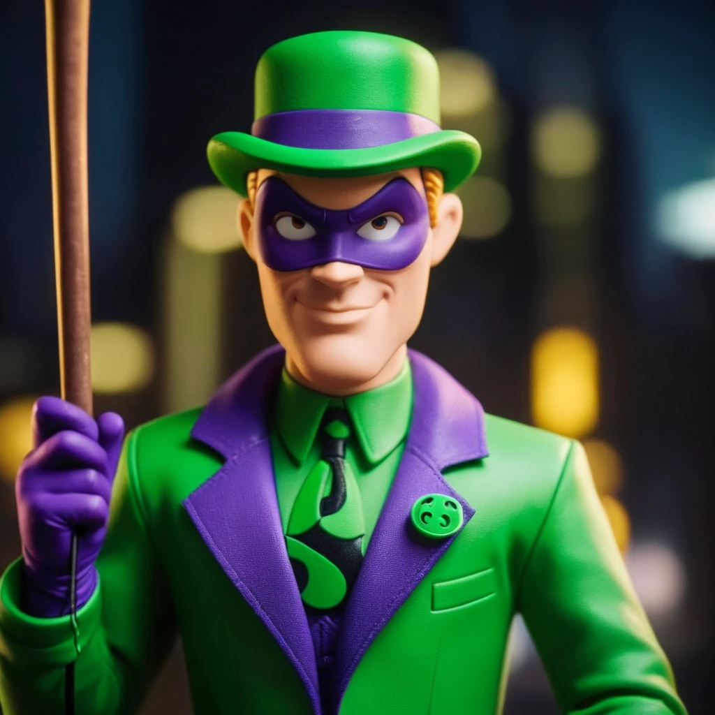 cinematic film still of  <lora:Riddler:1.2>
Riddler a cartoon character dressed in a green suit and holding a stick in Gotham city universe, shallow depth of field, vignette, highly detailed, high budget, bokeh, cinemascope, moody, epic, gorgeous, film grain, grainy
