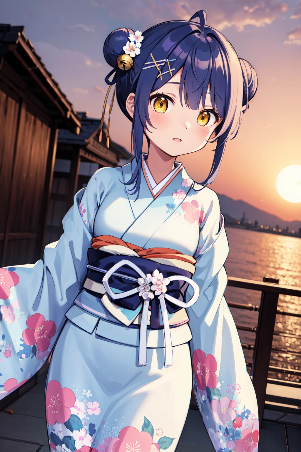 masterpiece, best quality, highres, bbmya, short hair, ahoge, double bun, hair ribbon, hair bow, hair flower, hair bell, x hair ornament, floral print, japanese clothes, frilled kimono, wide sleeves, sleeves past wrists, sash, obi, <lora:amamiya_kokoro_v1:0.7>, sunset, v arms, standing, straight-on, arm at side,