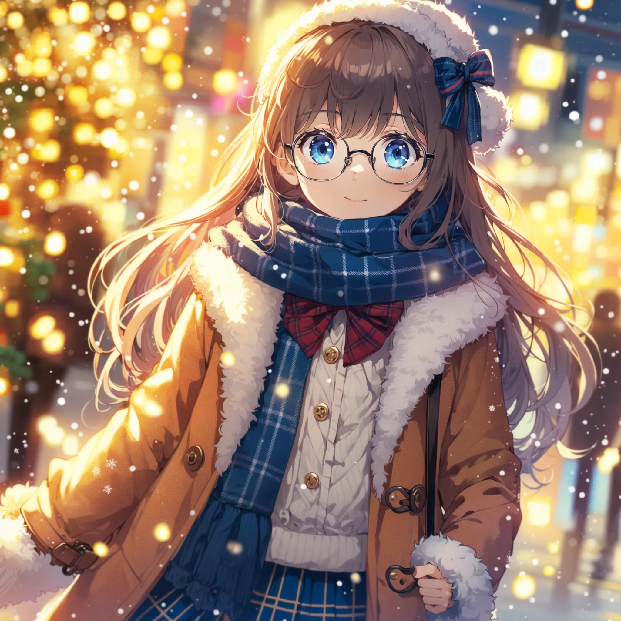 glasses 1girl, coat, scarf, snow, street, night illumination,