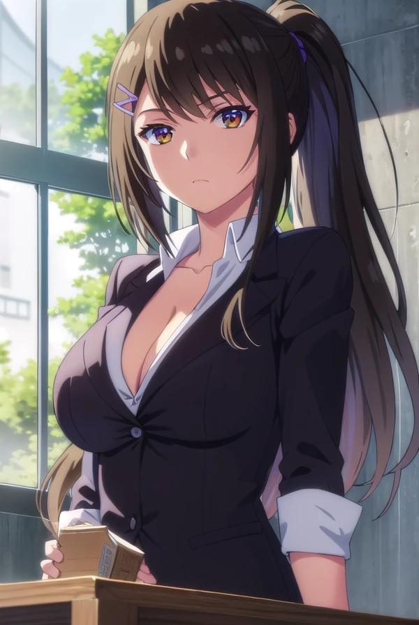 saechabashira, <lora:sae chabashira s2-lora-nochekaiser:1>,
sae chabashira, long hair, (black hair:1.5), hair ornament, (brown eyes:1.3), ponytail, hairclip,
BREAK shirt, cleavage, collarbone, jacket, white shirt, formal, suit,
BREAK indoors, classroom,
BREAK looking at viewer, (cowboy shot:1.5),
BREAK <lyco:GoodHands-beta2:1>, (masterpiece:1.2), best quality, high resolution, unity 8k wallpaper, (illustration:0.8), (beautiful detailed eyes:1.6), extremely detailed face, perfect lighting, extremely detailed CG, (perfect hands, perfect anatomy),
