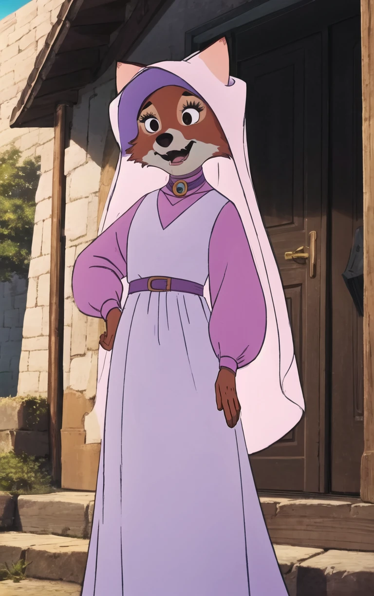 CARTOON_MaidMarian_ownwaifu,
1girl, furry, furry female, animal ears, black eyes, body fur, snout, two-tone fur, orange fur, animal nose, fangs, tail,
dress, long sleeves, purple dress, veil, choker, jewelry, brooch, hood up, long dress, belt, gem, puffy sleeves,
<lora:CARTOON_MaidMarian_ownwaifu:1>
((masterpiece)),((best quality)),(highres, absurdres), original, official_art, looking at viewer, solo, focused, outdoors, day, cowboy shot,