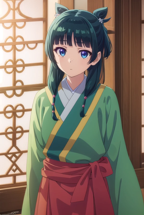 kusuriyamaomao, <lora:kusuriya maomao s1-lora-nochekaiser:1>,
maomao, long hair, bangs, blue eyes, hair ornament, green hair, blunt bangs, freckles, hair bun, single hair bun,
BREAK japanese clothes, robe, green robe, long sleeves, wide sleeves, skirt, red skirt,
BREAK indoors,
BREAK looking at viewer, (cowboy shot:1.5),
BREAK <lyco:GoodHands-beta2:1>, (masterpiece:1.2), best quality, high resolution, unity 8k wallpaper, (illustration:0.8), (beautiful detailed eyes:1.6), extremely detailed face, perfect lighting, extremely detailed CG, (perfect hands, perfect anatomy),
