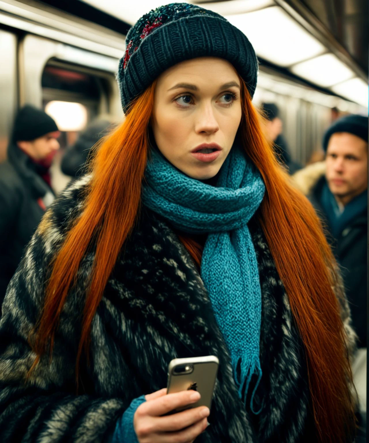 <lora:DollyLittle_SDXL_v1.2-000014:1.1>  ( cinematic:1.3) still photo of a ((ohwx woman)), checking her (iphone) on a Manhattan NYC subway train, wearing a large fur coat, beanie, scarf, long red hair, crowded subway, beautiful lighting, candid photography, documentary, shot on a Hasselblad X1D II 50C  High resolution, excellent dynamic range, and medium format sensor      Hasselblad XCD 45mm f/4,        ISO 12800, 1/125s, f/4, 45mm (for a medium shot), heavy film grain