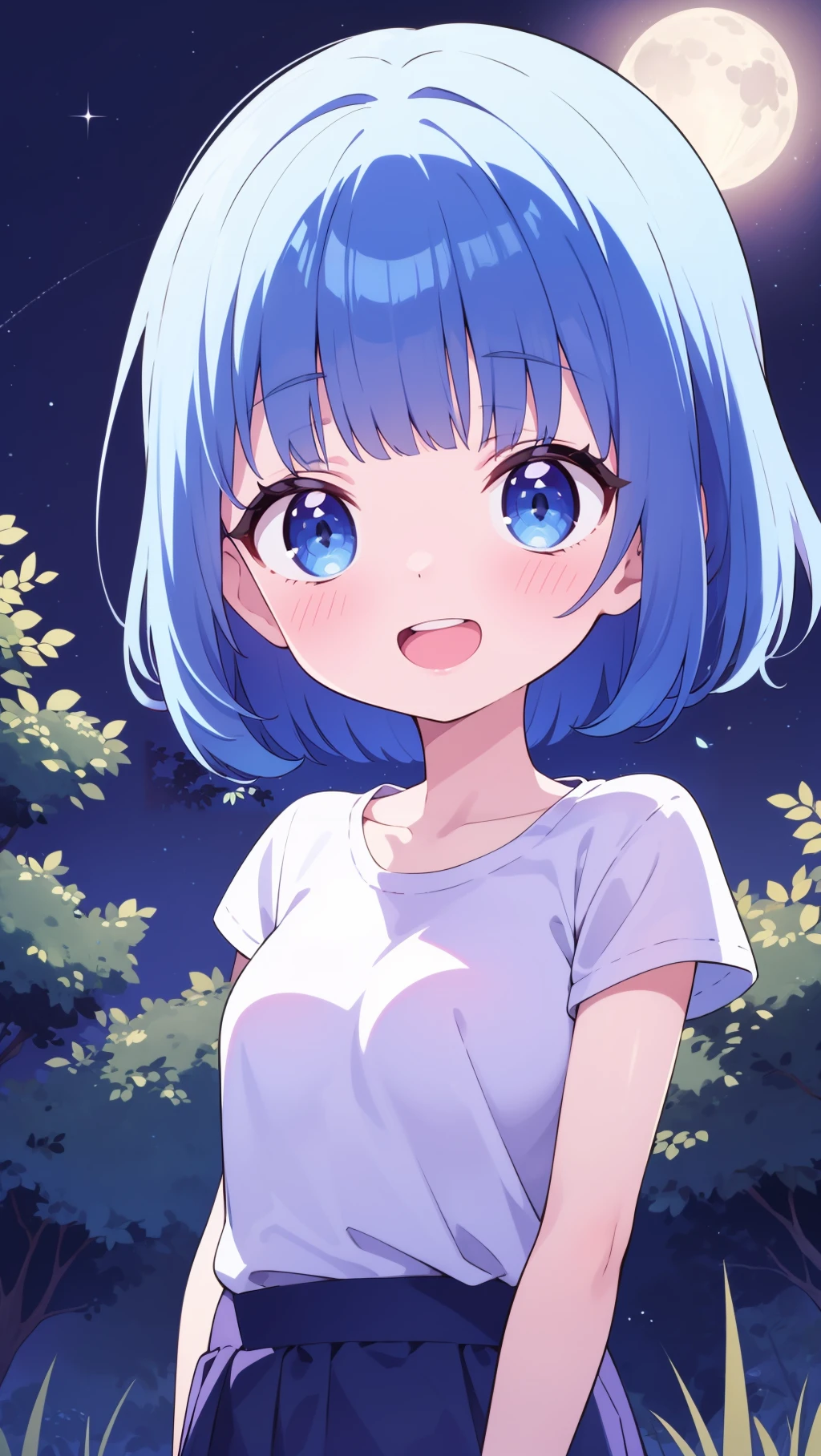 masterpiece, best quality, solo, petite,
short hair, blue hair, straight hair, blue eyes, t-shirt, open mouth, small breasts, light smile, blunt bangs,
portrait, forest, night, moon,