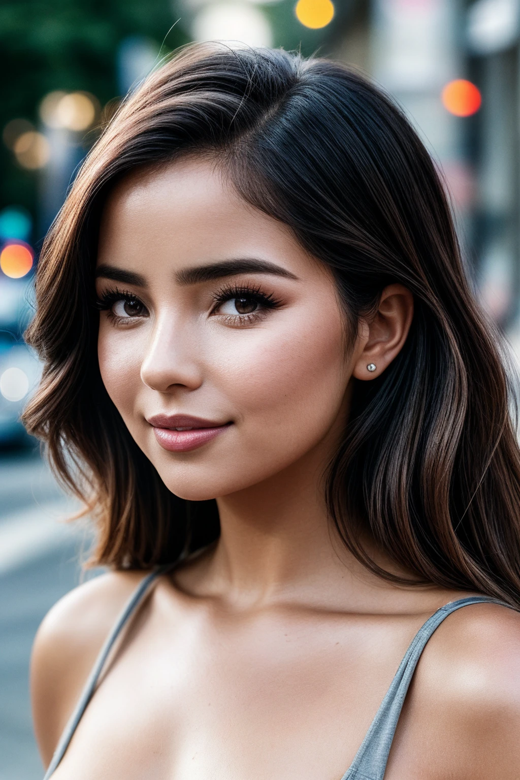 photo of (dem1rmawby:0.99), a mature woman, perfect hair, posing, (modern photo), Graphite Gray (dress), (closeup portrait:1.1), (detailed skin, pores), 24mm, (analog, cinematic, film grain:1.2), ((on the street, nice neighborhood house)), (4k wallpaper), (epicPhoto), (smiling)