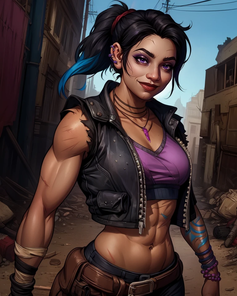 Amara,black hair,ponytail,toned,blue left arm tattoo,smiling,purple eyes,
right fingerless glove,ear piercing,midriff,crop top,torn clothes,vest,bracelet,pants,necklace,belt,
standing,upper body,
wasteland,
(insanely detailed, beautiful detailed face, masterpiece, best quality),<lora:Amara-10BL3v7:0.7>,