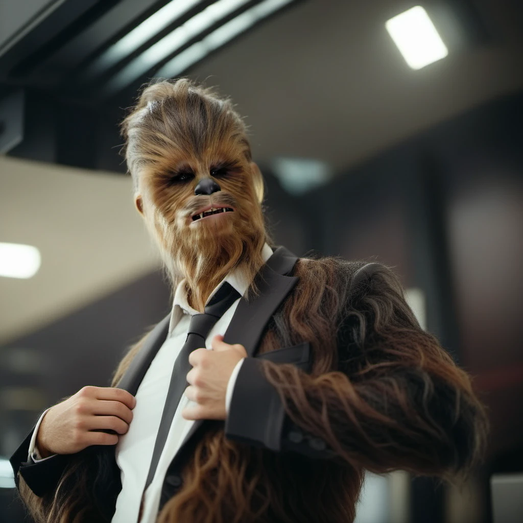 Chewbacca1024, a man with a beard and a suit jacket on, hipster look, is adjusting his tie and looking at the camera with a serious look on his face detailed eyes, highly detailed, photography, ultra sharp, film, bokeh, professional, 4k <lora:Chewbacca1024:0.8>