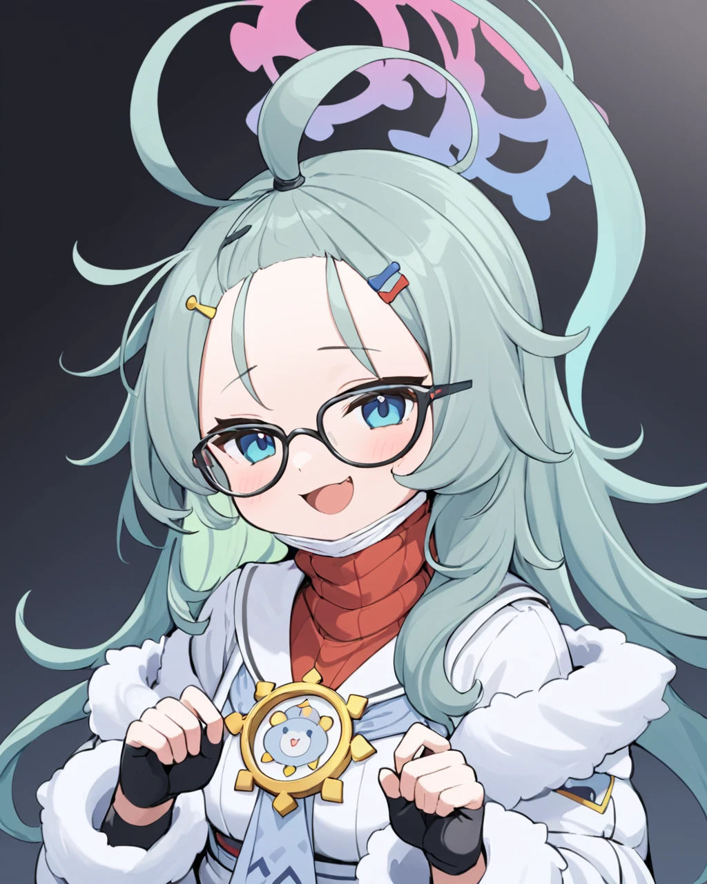 meru \(blue archive\),1girl, solo, halo, simple_background, white_background, fang, looking_at_viewer, glasses, hairclip, partially_fingerless_gloves, open_mouth, holding, white_coat, turtleneck_sweater, forehead, mouth_mask, fur_trim, blush, neckerchief, smile, long_sleeves
<lora:meru_(blue_archive)_image89_2023-12-01:1>halo. gorgeous,key visual, vibrant, studio anime,award-winning, professional, highly detailed,high budget, cinemascope