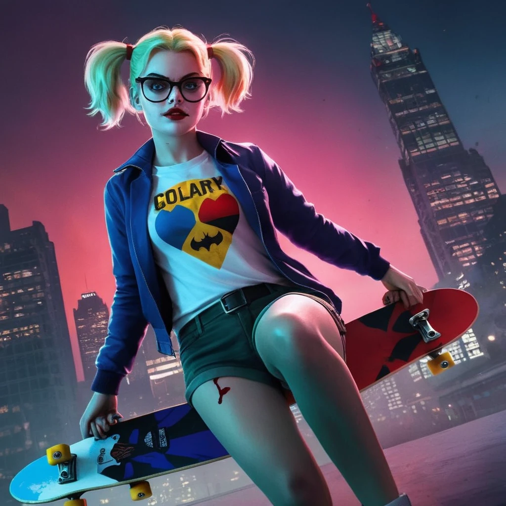 anime artwork of <lora:Harleen Quinzel:1.2>
Harleen Quinzel a blonde glasses woman with a bloody face and a skateboard In Gotham City Universe, anime style, key visual, vibrant, studio anime, highly detailed