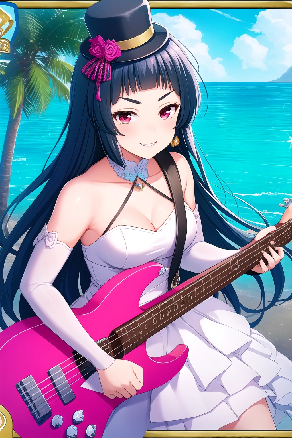 (masterpiece, best quality), highly detailed background, perfect lightingbest quality, kurokawanagiko, solo, outdoors, mini top hat, black hair, blunt bangs, very long hair, v-shaped eyebrows, red eyes, earrings, jewelry, breasts, white dress, <lora:GoodHands-vanilla:1>, elbow gloves, fingerless gloves, holding guitar, electric guitar, smile, grin, pink lips, <lora:Kurokawa-Nagiko:0.7>