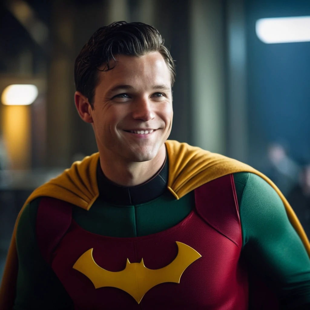 cinematic film still of <lora:Robin:1.2>
Robin a man in a Robin costume with a smile posing in a studio in Gotham city universe, shallow depth of field, vignette, highly detailed, high budget, bokeh, cinemascope, moody, epic, gorgeous, film grain, grainy