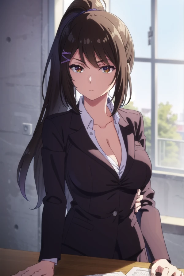 saechabashira, <lora:sae chabashira s2-lora-nochekaiser:1>,
sae chabashira, long hair, (black hair:1.5), hair ornament, (brown eyes:1.3), ponytail, hairclip,
BREAK shirt, cleavage, collarbone, jacket, white shirt, formal, suit,
BREAK indoors, classroom,
BREAK looking at viewer, (cowboy shot:1.5),
BREAK <lyco:GoodHands-beta2:1>, (masterpiece:1.2), best quality, high resolution, unity 8k wallpaper, (illustration:0.8), (beautiful detailed eyes:1.6), extremely detailed face, perfect lighting, extremely detailed CG, (perfect hands, perfect anatomy),