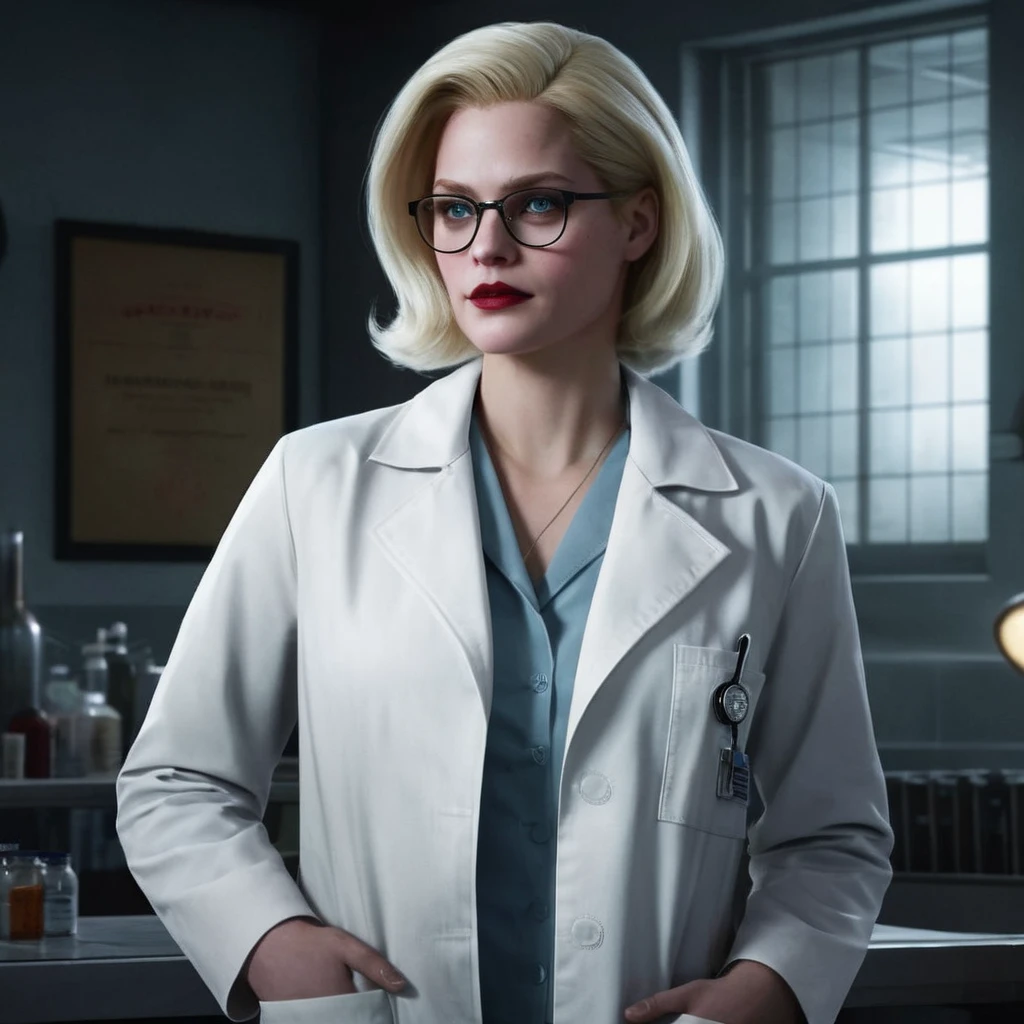 Hyperrealistic art of <lora:Harleen Quinzel:1>
Harleen Quinzel a blonde psychiatrist woman with glasses and a white laboratory coat inside Arkham asylum In Gotham City Universe, Extremely high-resolution details, photographic, realism pushed to extreme, fine texture, incredibly lifelike
