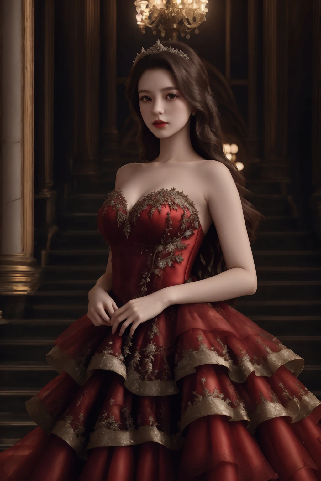 ((best quality)), absurdres, ((ultra high res)), a woman in tiered organza princess gown, red gown, beautiful and elegant, long hair, looking at viewer, extremely detailed, realistic, 8k, masterpiece, <lora:royal:0.8>