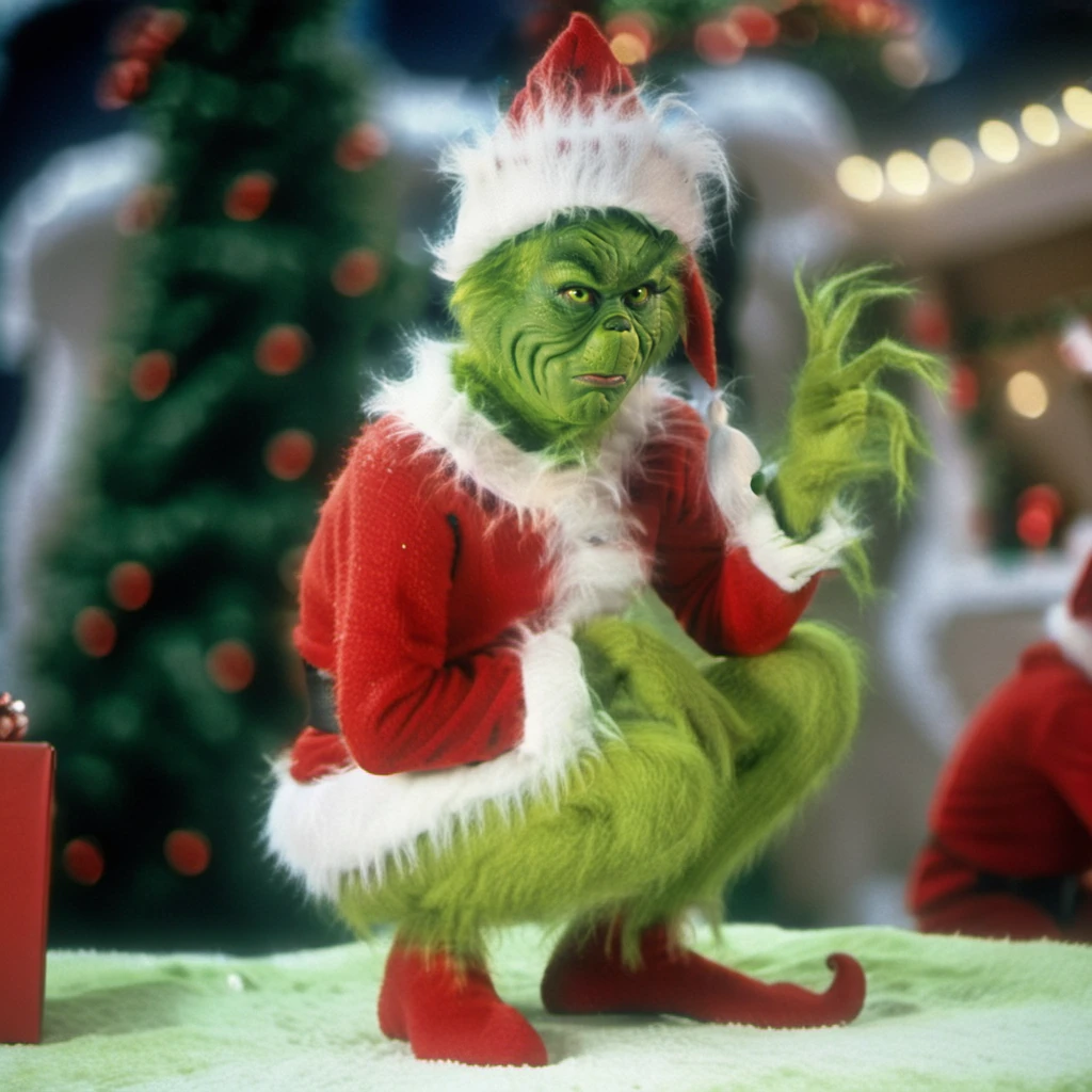 Grinch1024, a humanoid with green fur and green skin, full body, dressed as santa, christmas tree, livingroom, gifts, detailed eyes, highly detailed, photography, ultra sharp, film, bokeh, professional, 4k <lora:Grinch1024:0.8>