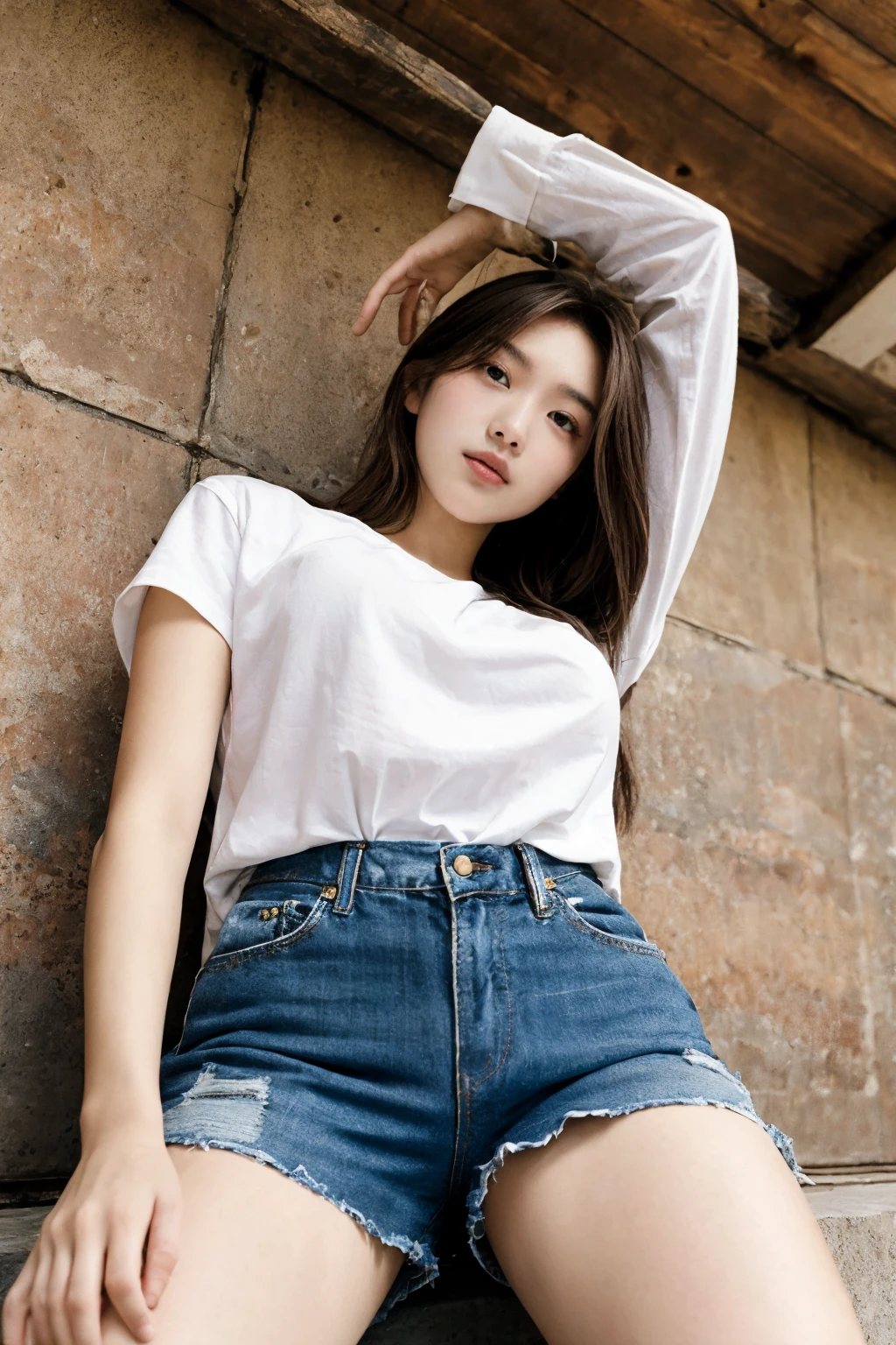 ((different clothes)), (Petite) ,(low angle shot, shot from below:1.2), (random pose, posing to viewer), portrait photo of a 18 years old blonde woman, wearing shorts, (large hanging breasts), beautiful face, perfect eyes, brown hair, lying down