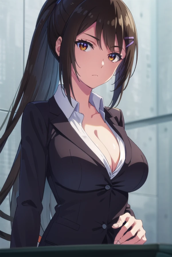 saechabashira, <lora:sae chabashira s2-lora-nochekaiser:1>,
sae chabashira, long hair, (black hair:1.5), hair ornament, (brown eyes:1.3), ponytail, hairclip,
BREAK shirt, cleavage, collarbone, jacket, white shirt, formal, suit,
BREAK indoors, classroom,
BREAK looking at viewer, (cowboy shot:1.5),
BREAK <lyco:GoodHands-beta2:1>, (masterpiece:1.2), best quality, high resolution, unity 8k wallpaper, (illustration:0.8), (beautiful detailed eyes:1.6), extremely detailed face, perfect lighting, extremely detailed CG, (perfect hands, perfect anatomy),