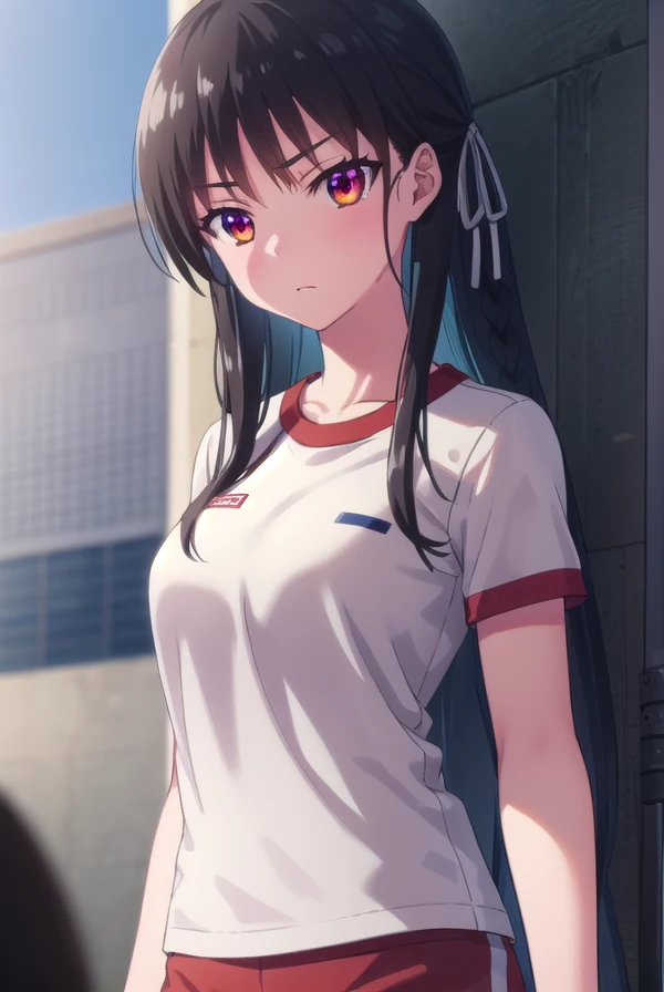 suzunehorikita, <lora:suzune horikita s2-lora-nochekaiser:1>,
suzune horikita, long hair, black hair, (red eyes:1.3), hair ribbon, braid,
BREAK shirt, white shirt, short sleeves, shorts, gym uniform, red shorts, gym shirt, gym shorts,
BREAK indoors, classroom,
BREAK looking at viewer, (cowboy shot:1.5),
BREAK <lyco:GoodHands-beta2:1>, (masterpiece:1.2), best quality, high resolution, unity 8k wallpaper, (illustration:0.8), (beautiful detailed eyes:1.6), extremely detailed face, perfect lighting, extremely detailed CG, (perfect hands, perfect anatomy),