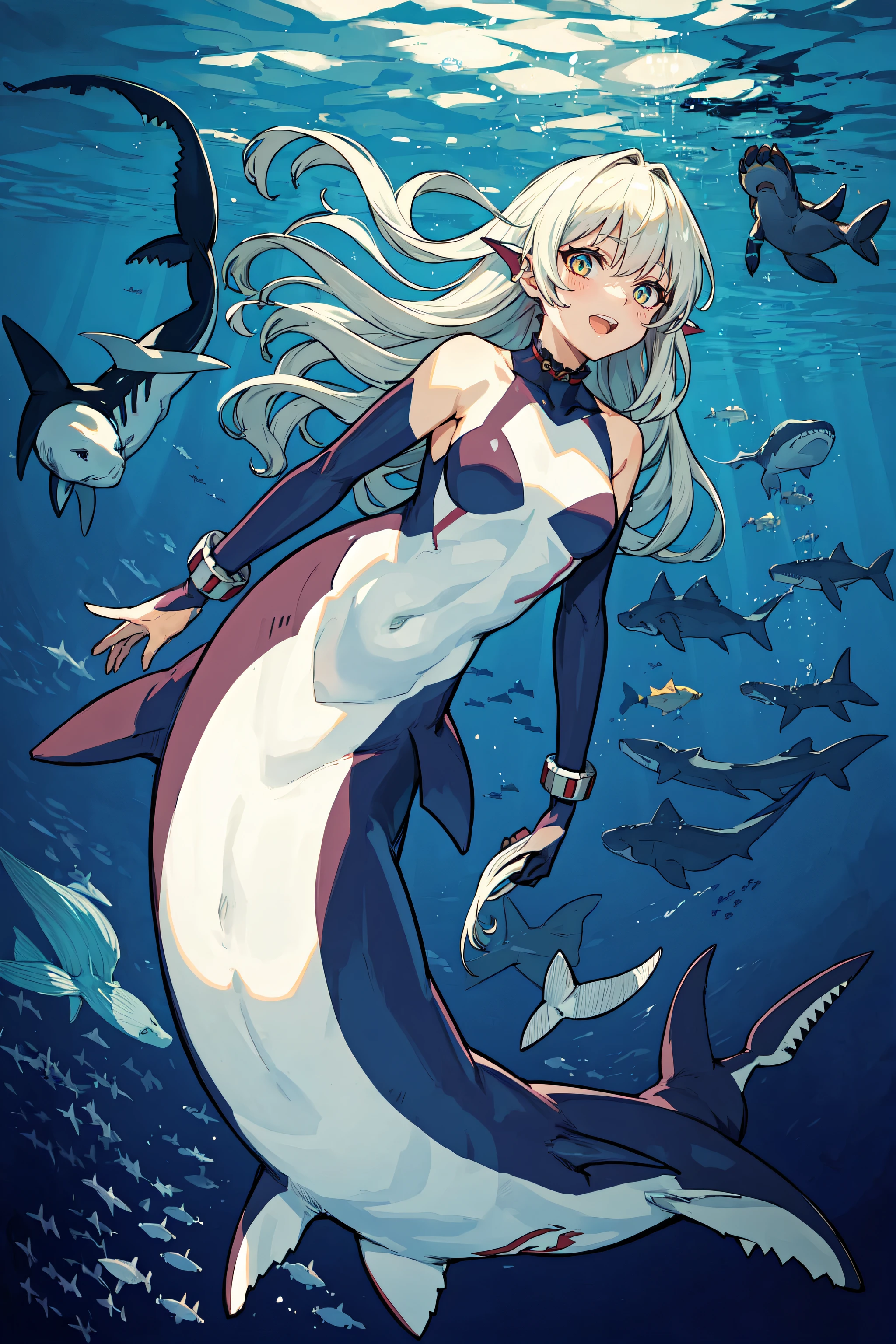 1girl, shark girl, mershark, mermaid, fins, full body <lora:AIOMonstergirlsV4Lora:1>