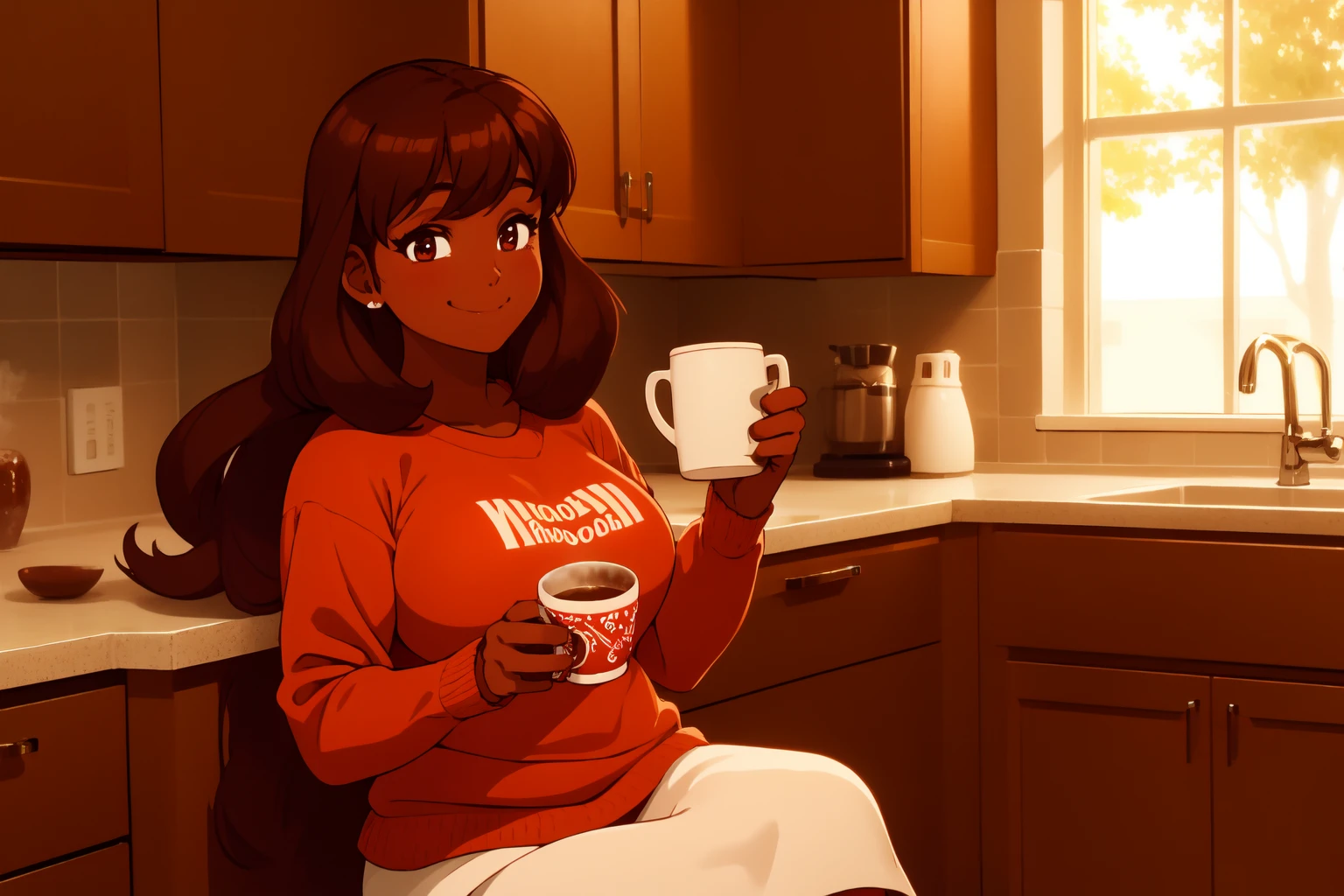 cocoacookie, holding mug of cocoa, smiling, solo, fullbody, detailed background, in a kitchen:1.5, chubby, milf, long hair, best quality, masterpiece, high resolution, dark skin, 1girl, absurdres <lora:cocoacookie_v1.2:0.8>