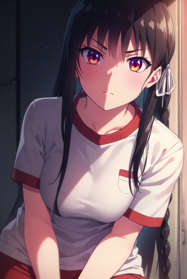 suzunehorikita, <lora:suzune horikita s2-lora-nochekaiser:1>,
suzune horikita, long hair, black hair, (red eyes:1.3), hair ribbon, braid,
BREAK shirt, white shirt, short sleeves, shorts, gym uniform, red shorts, gym shirt, gym shorts,
BREAK indoors, classroom,
BREAK looking at viewer, (cowboy shot:1.5),
BREAK <lyco:GoodHands-beta2:1>, (masterpiece:1.2), best quality, high resolution, unity 8k wallpaper, (illustration:0.8), (beautiful detailed eyes:1.6), extremely detailed face, perfect lighting, extremely detailed CG, (perfect hands, perfect anatomy),