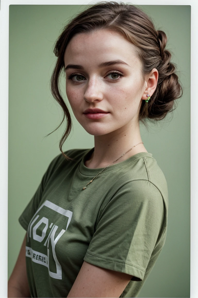 photo of (kd3v3r-135:0.99), closeup portrait, perfect hair, hair upsweep updo, posing, (modern photo, one-shoulder Shrek Green graphic tee), (polaroid frame), 24mm, (analog, film, film grain:1.3), (plain Cerise background, gradient), ((detailed eyes)), (seductive pose), (epicPhoto)