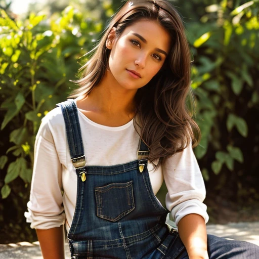 ((full body, a woman  wearing dungarees sitting outdoors)), high detail skin, high detail eyes, high detail hai <lora:DemiMooreYoungv2Lora:0.9> 1woman, realistic, brown hair, brown eyes, nose, closed mouth, afternoon