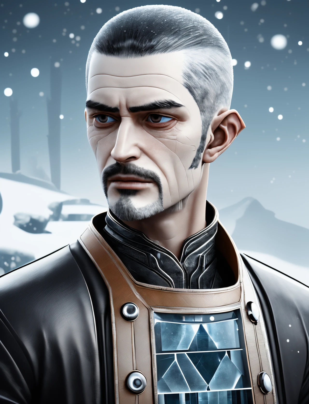 hyper detailed masterpiece, dynamic realistic digital art, awesome quality,DonMFr0stP4nk male midlife compact, berber, gray eyes, pointed ears, deviated septum nose, unique jaw, asymmetrical cheeks, high forehead, rectangular face shape, jaw, mahogany bald head hair, astonishment wearing chinos, leather jacket, watch , hands on the back of the neck, indicating frustration or stress,snow, ice <lora:DonMFr0stP4nk-000006:1>