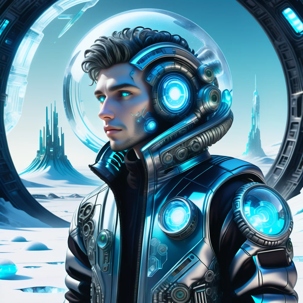 hyper detailed masterpiece, dynamic realistic digital art, awesome quality,DonMFr0stP4nkXL male nanotechnologist, extraterrestrial creatures- diverse life forms with imaginative appearances, ranging from elegant to monstrous, teenager ripped, inuit, deep blue eyes, asymmetrical ears, upturned nose, round jaw, angular forehead, round face shape, , salt and pepper textured crop hair, hope, looking out with wonder and curiosity at vast cosmic landscapes., wearing alien atmosphere pattern olive spore print microchip joggers, robotic work jacket, , showing off futuristic clothing or wearable technology., synthwave colors, space station interiors, artificial gravity chambers and magnetic walkways, ai-controlled biotechnology lab, magnetic shielding architecture, led outdoor lights, black lights,snow, ice <lora:DonMFr0stP4nkXL-000006:1>