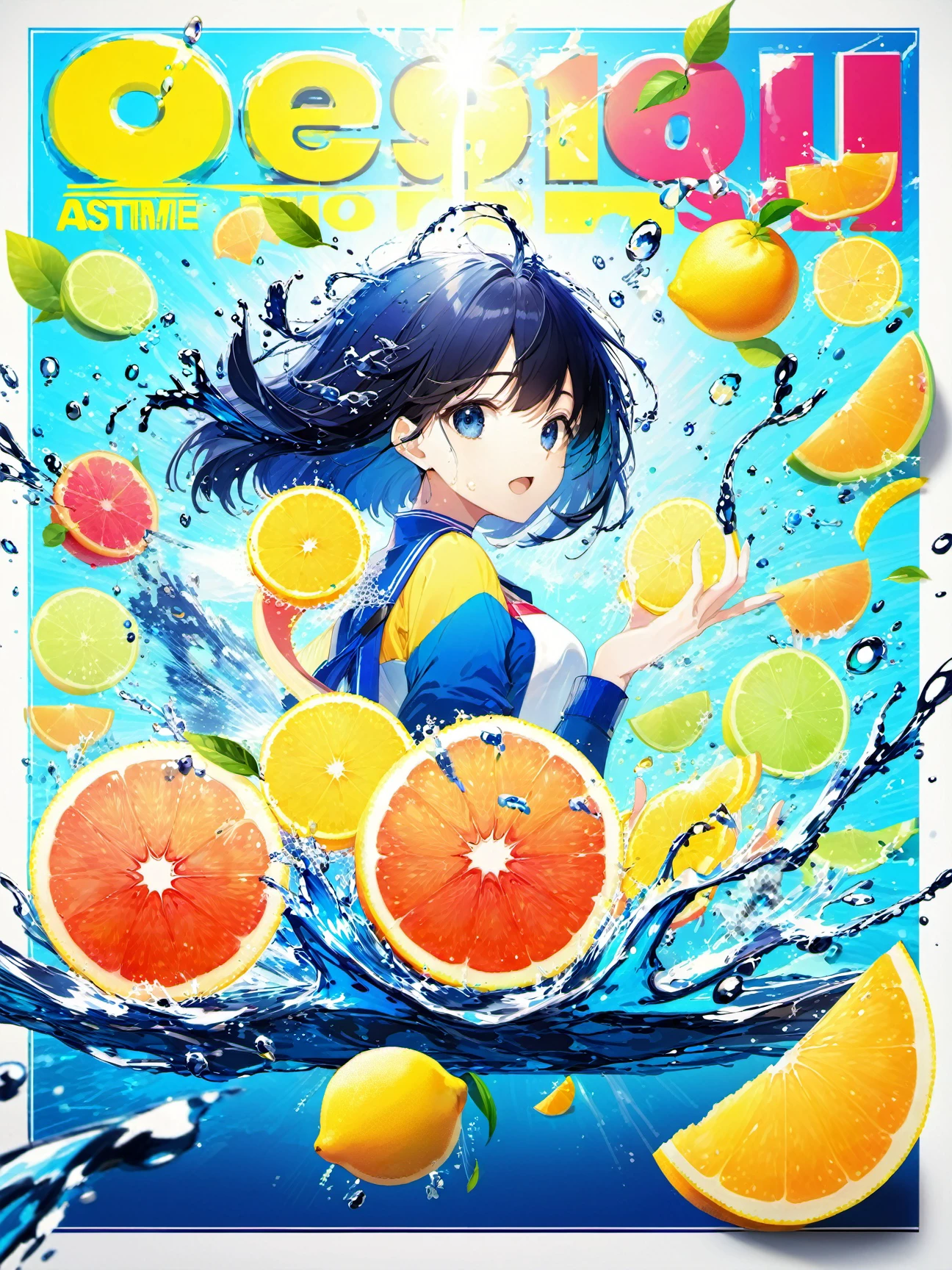 best quality, aesthetic,anime,1girl, fruits, citrus, fruit slice, concept shoot, water splash, commercial, commercial poster,