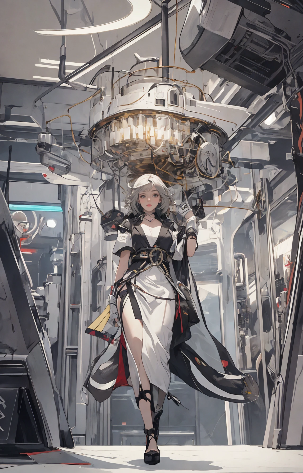 a woman in a white dress with gold accents and a futuristic background with lights and mirrors on the ceiling,cyberpunk art,retrofuturism,octane render,hyperdetailed,