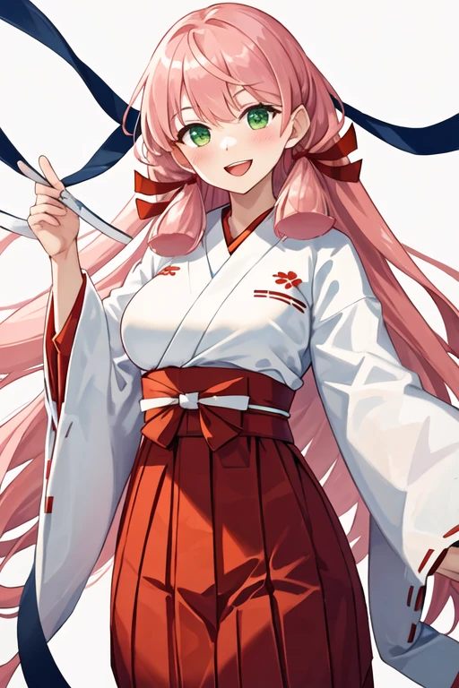 best quality, masterpiece, highres, solo, {white kimono:1.35}, {red hakama:1.35}, {wide sleeves:1.20}, {akashi_kantaicollection:1.15}, pink_hair, long_hair, hair_ribbon, ribbon, green_eyes, tress_ribbon, blush, breasts, smile, open_mouth, large_breasts