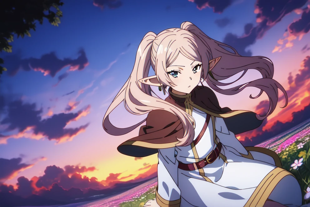 anime,2d,anime style,(highly detailed:1.2),(highres:1.2),(high angle shot:1.2),frieren,1girl,long hair,pointy ears,twintails,jewelry,elf,earrings,capelet,white capelet,long sleeves,parted bangs,dress,belt,flower,fullbody,ffl_frieren,