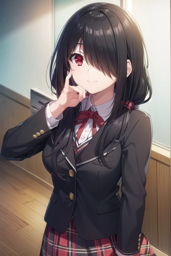 kurumitokisaki, <lora:kurumi tokisaki s2-lora-nochekaiser:1>,
kurumi tokisaki school uniform, (tokisaki kurumi:1.2), long hair, skirt, black hair, (red eyes:1.3), long sleeves, ribbon, school uniform, jacket, pleated skirt, bag, (hair over one eye:1.5), blue skirt, blazer, school bag, black blazer, smile,
BREAK ,
BREAK indoors, classroom,
BREAK looking at viewer, (cowboy shot:1.5),
BREAK <lyco:GoodHands-beta2:1>, (masterpiece:1.2), best quality, high resolution, unity 8k wallpaper, (illustration:0.8), (beautiful detailed eyes:1.6), extremely detailed face, perfect lighting, extremely detailed CG, (perfect hands, perfect anatomy),