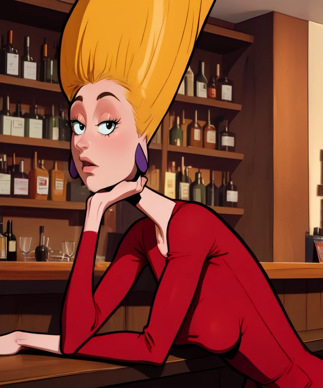 Piklez,upward hair,large blonde hair,black eyes,bored expression,
red dress,earrings,leaning forward,
upper body,
bar,sitting,
(insanely detailed, beautiful detailed face, masterpiece, best quality)solo,<lora:Pickles-10TO:1>,