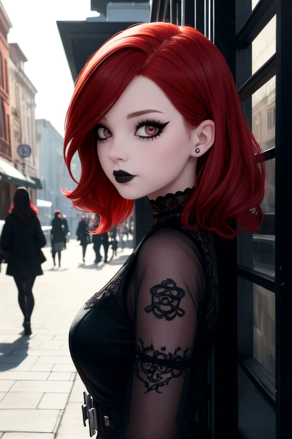 Dark shot, city street, pastel goth, sexy goth girl, photo of cute 24 years old redhead woman, cinematic shot, hard shadows, photorealistic, cute face, looking at viewer, OverallDetail