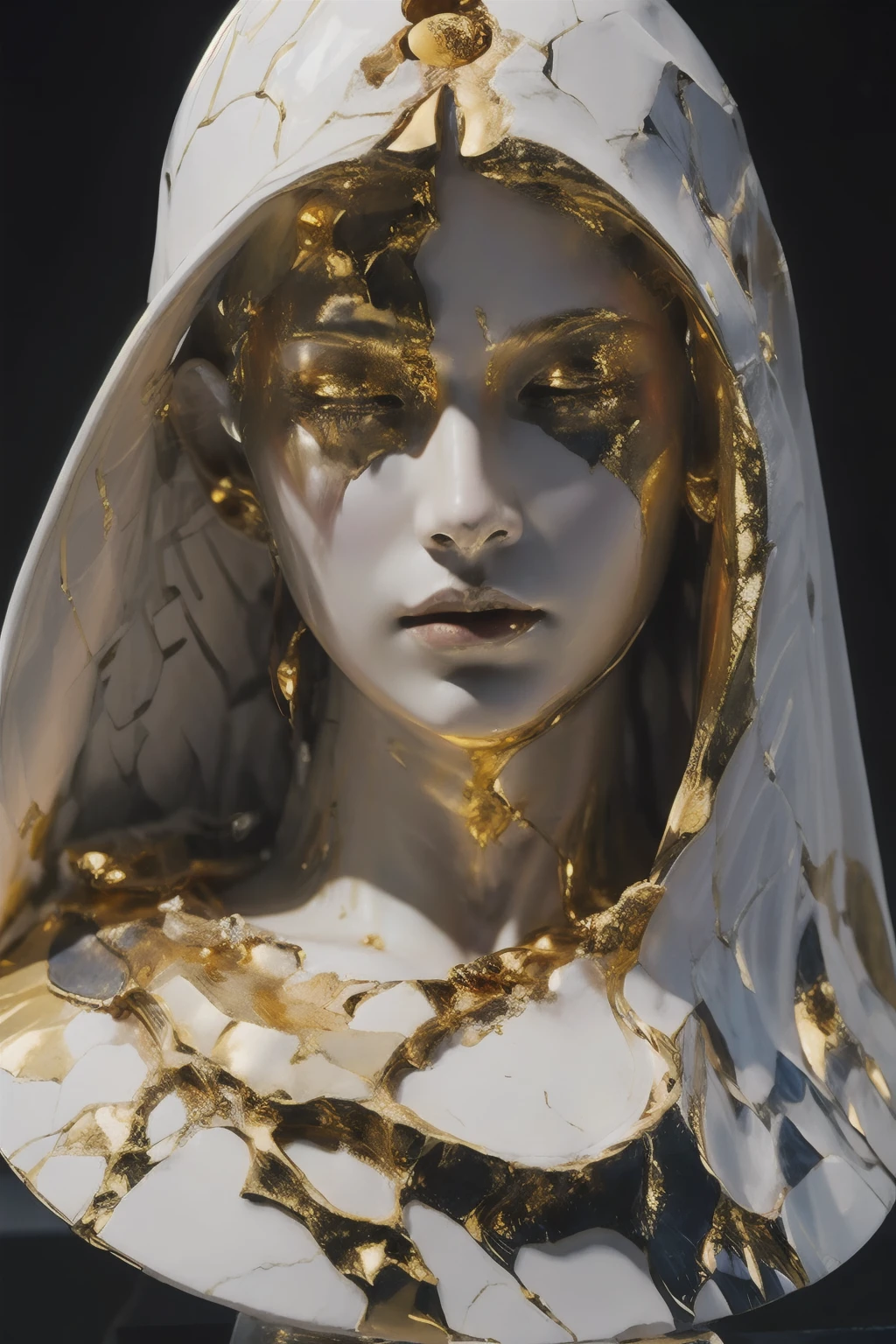 1girl, solo, Sculpture, white skin, face shot, crack, strong reflection, black background, studio lighting, golden stroke
