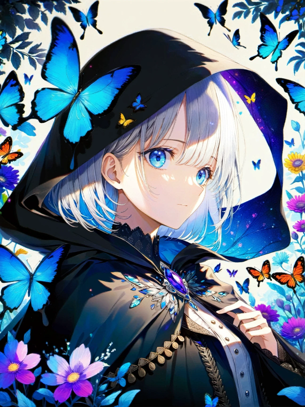 best quality, aesthetic, A detailed illustration of a girl with silver hair and blue eyes, focusing on the upper body. silver hair is adorned with colorful flowers and ornaments. She is dressed in a black cloak de cour, The background features elements of nature like butterflies, bugs, and flowers in shades of blue, red, and purple.