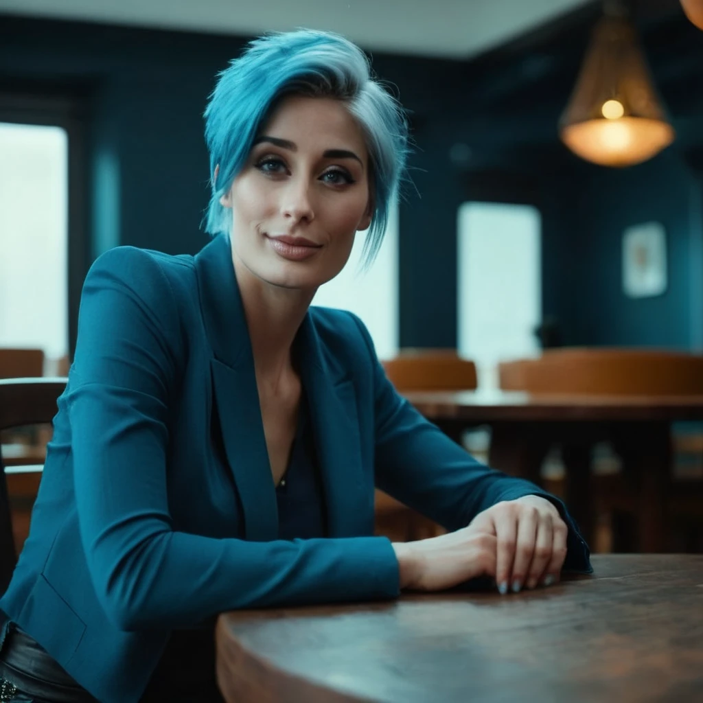 cinematic film still of <lora:Marie Claude Bourbonnais:1.2> Marie Claude Bourbonnais
a woman with blue hair sitting at a table Cinematic Film Style, shallow depth of field, vignette, highly detailed, high budget, bokeh, cinemascope, moody, epic, gorgeous, film grain, grainy