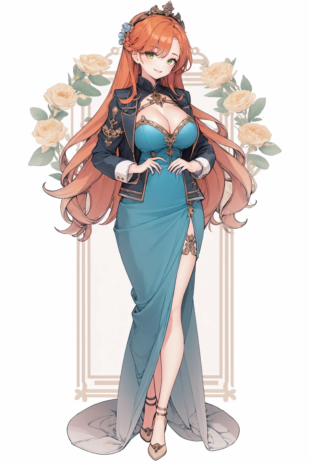solo, 1girl, dress, breasts, long hair, cleavage, full body, white background, smile, flower, green eyes, very long hair, orange hair, looking at viewer, standing, blue dress, cleavage cutout, simple background, bangs, white jacket, clothing cutout, long sleeves, jacket, high heels, large breasts