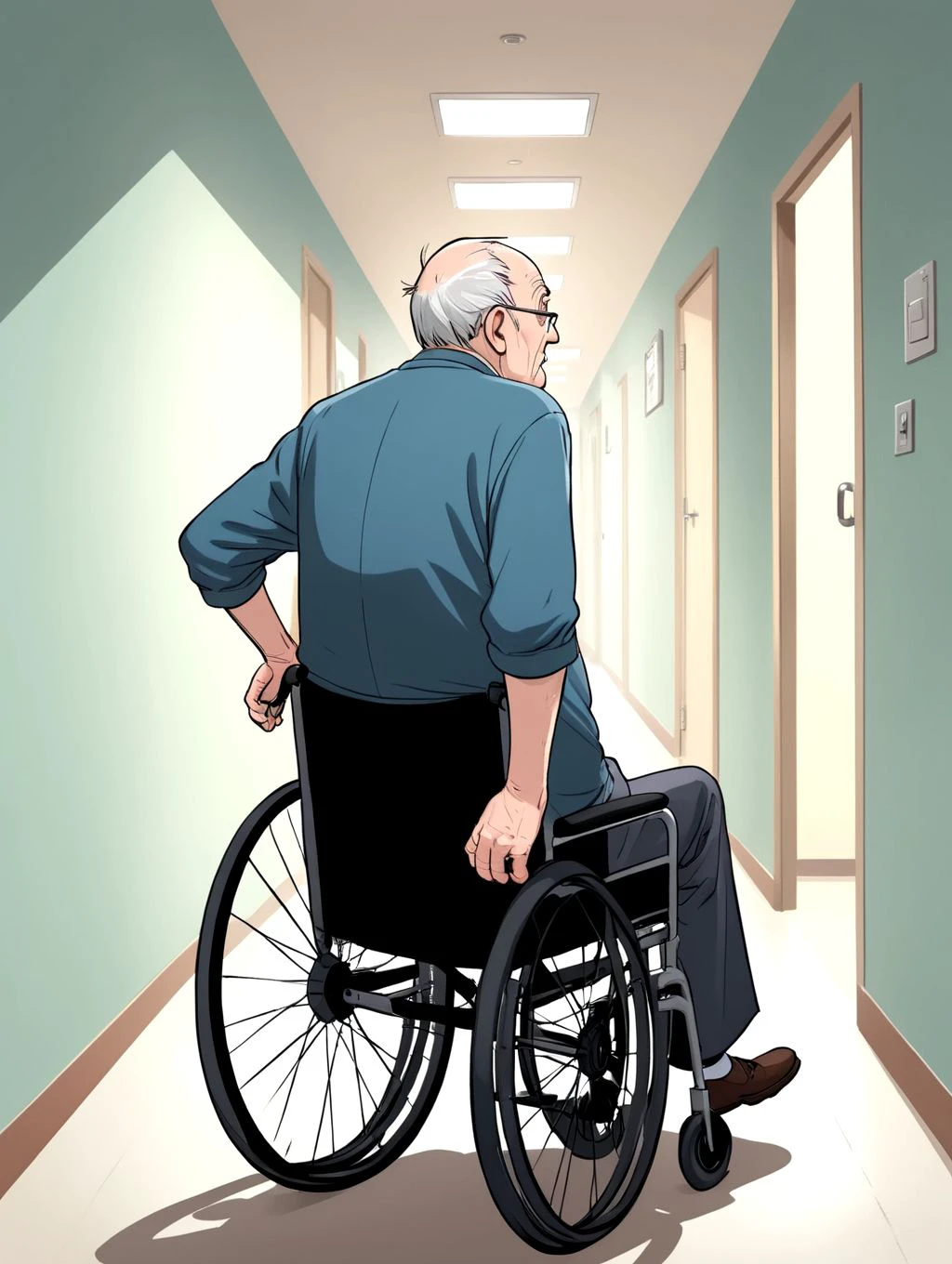detestable old man, skinny chest but big belly in wheelchair looking back to the corridor to escape