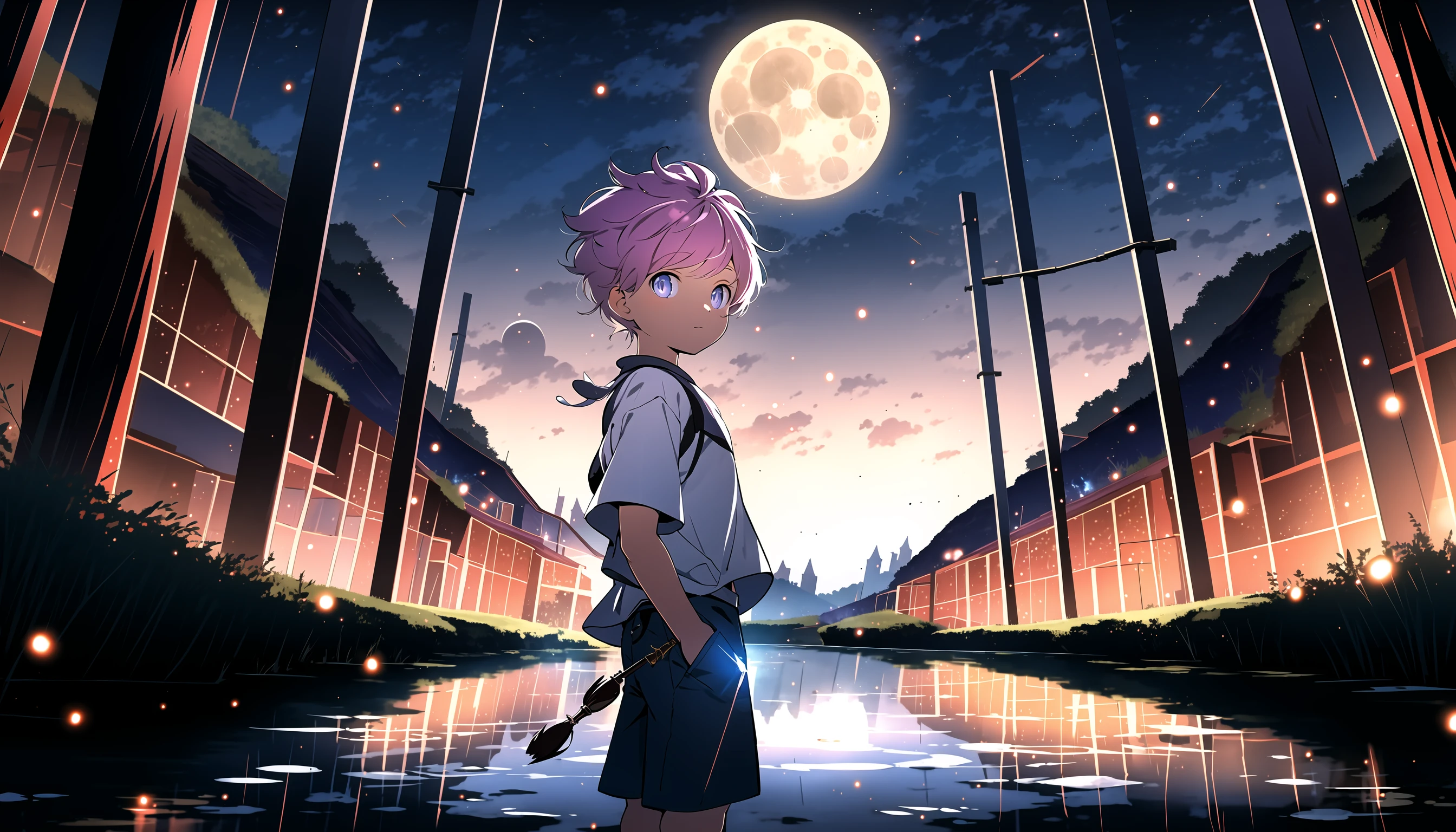 (masterpiece),(best quality),(ultra detailed:1.2),highres,looking at viewer,(1boy,male child),([orange hair:purple hair:0.7]),purple eys,standing on the lake,reflection,white shirt,shorts,fantasy,moonlight through the trees,night,outdoors,light particles,(cowboy shot),<lora:shota_ninji_v0.2:0.8>,