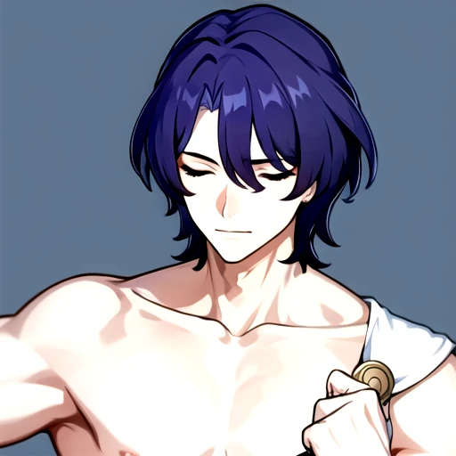 <lora:DrRatio-09:0.7>.drratio, simple background, holding, closed mouth, collarbone, closed eyes, blue background, facing viewer, eyeshadow, topless male,